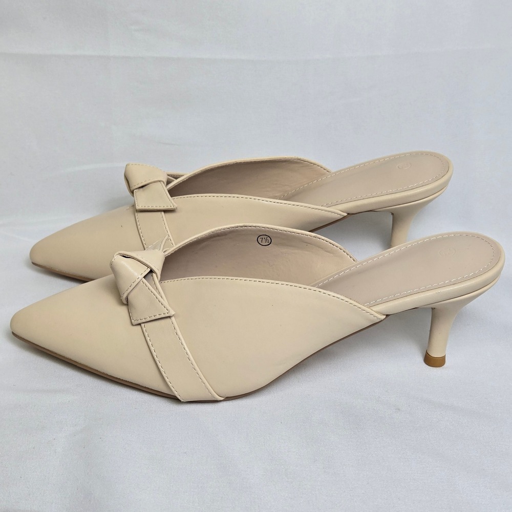 Bow Knot Pointed Toe Kitten Heel Mules Cream Unbranded Neutral Women's Size 7.5 - Picture 5 of 15